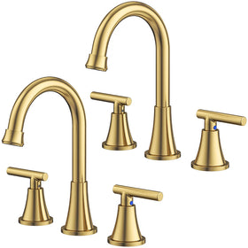 Hurran Brushed Gold widespread bathroom faucet adds a stylish focal point with ample handwashing space.