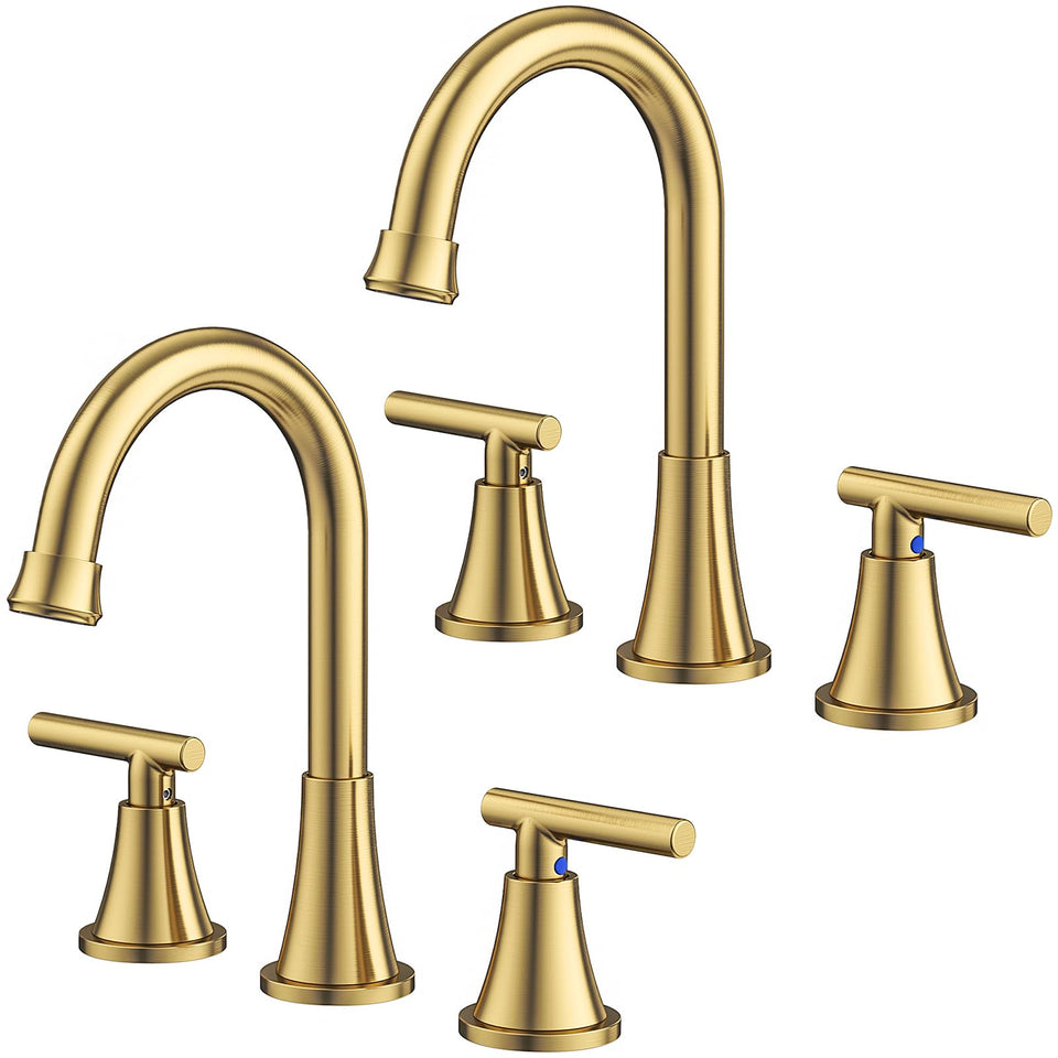 Hurran Brushed Gold widespread bathroom faucet adds a stylish focal point with ample handwashing space.