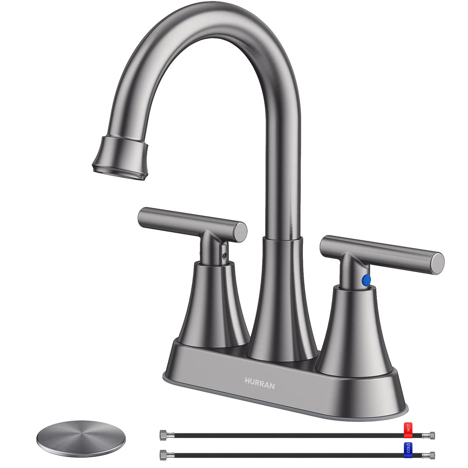 Hurran brushed grey bathroom faucet with 4-inch centerset for a modern sink.
