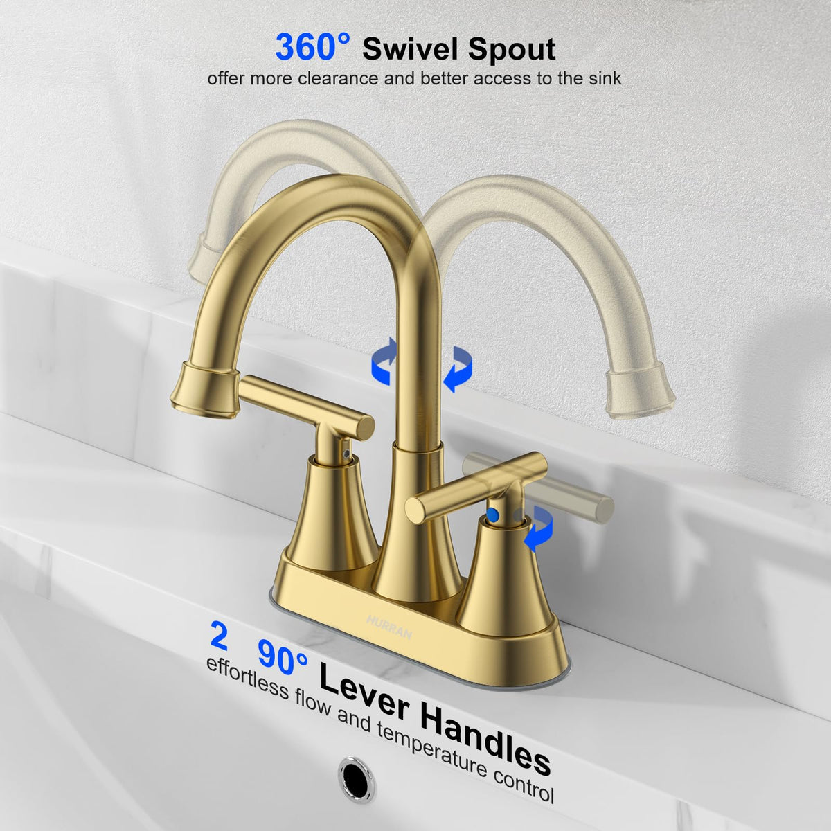 Hurran 4-inch centerset design fits standard three-hole sinks.