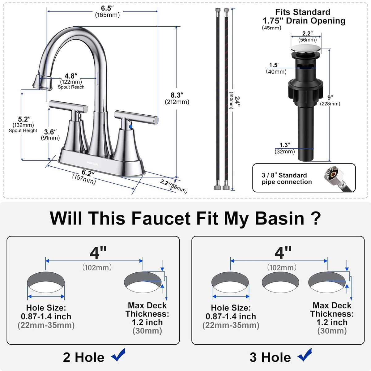 Hurran centerset design fits 3-hole sinks with ease.