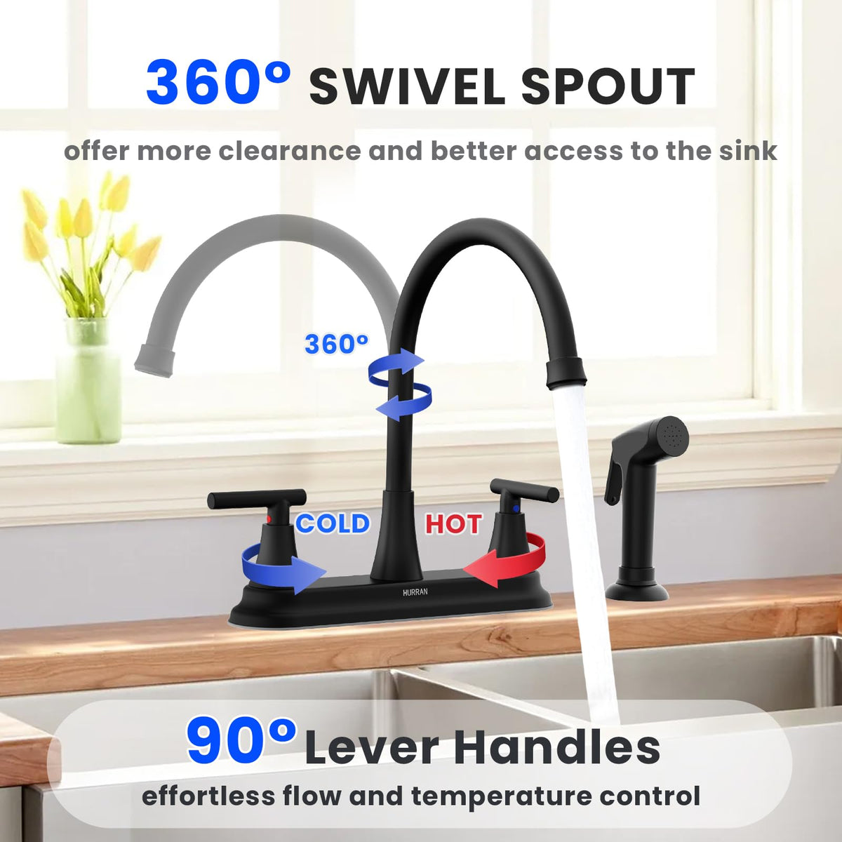 HURRAN dual-handle design allows separate hot and cold water control