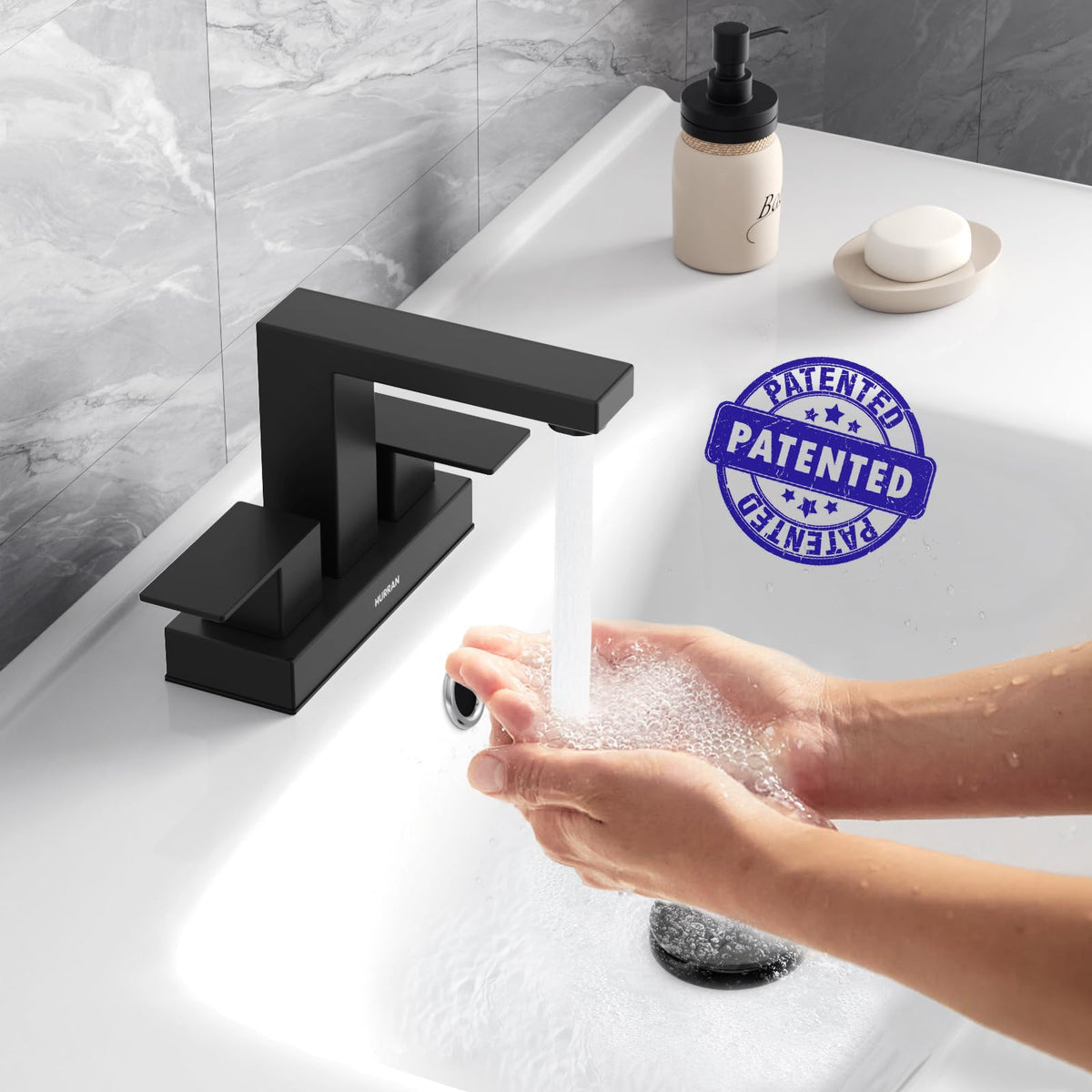 Hurran matte black faucet handle detail with two-lever control for temperature