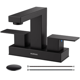Hurran matte black bathroom faucet spout close-up showing sleek design and precision