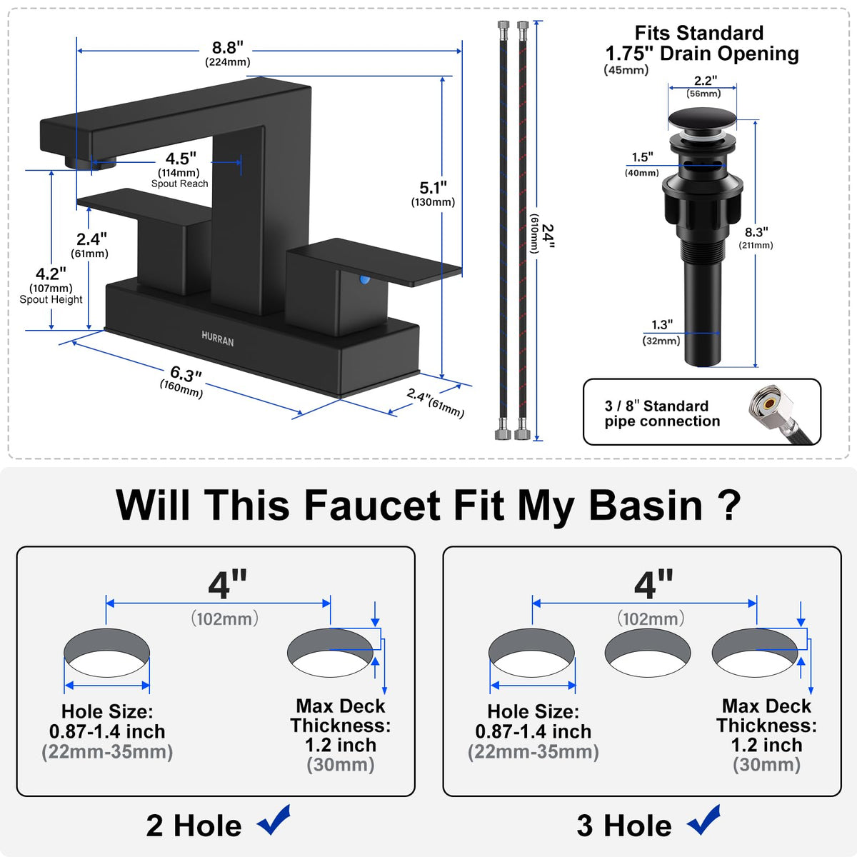 Hurran supply lines included for quick, leak-free installation