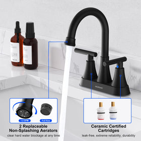 Hurran matte black faucet mounted on a contemporary bathroom sink.