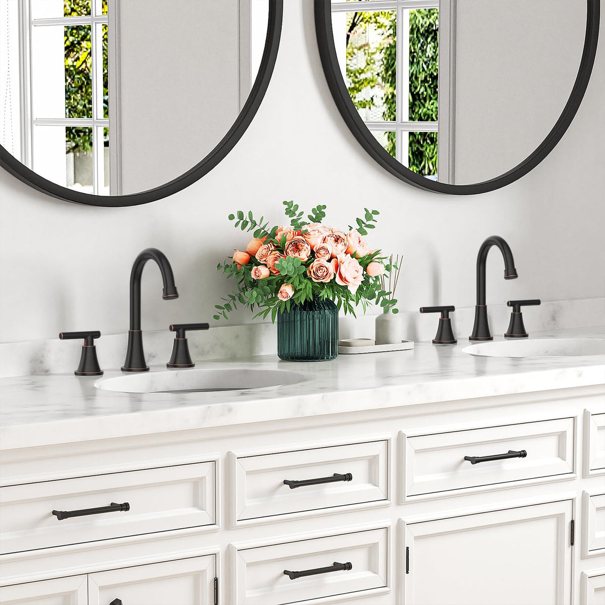 Oil rubbed bronze finish resists corrosion on Hurran faucet