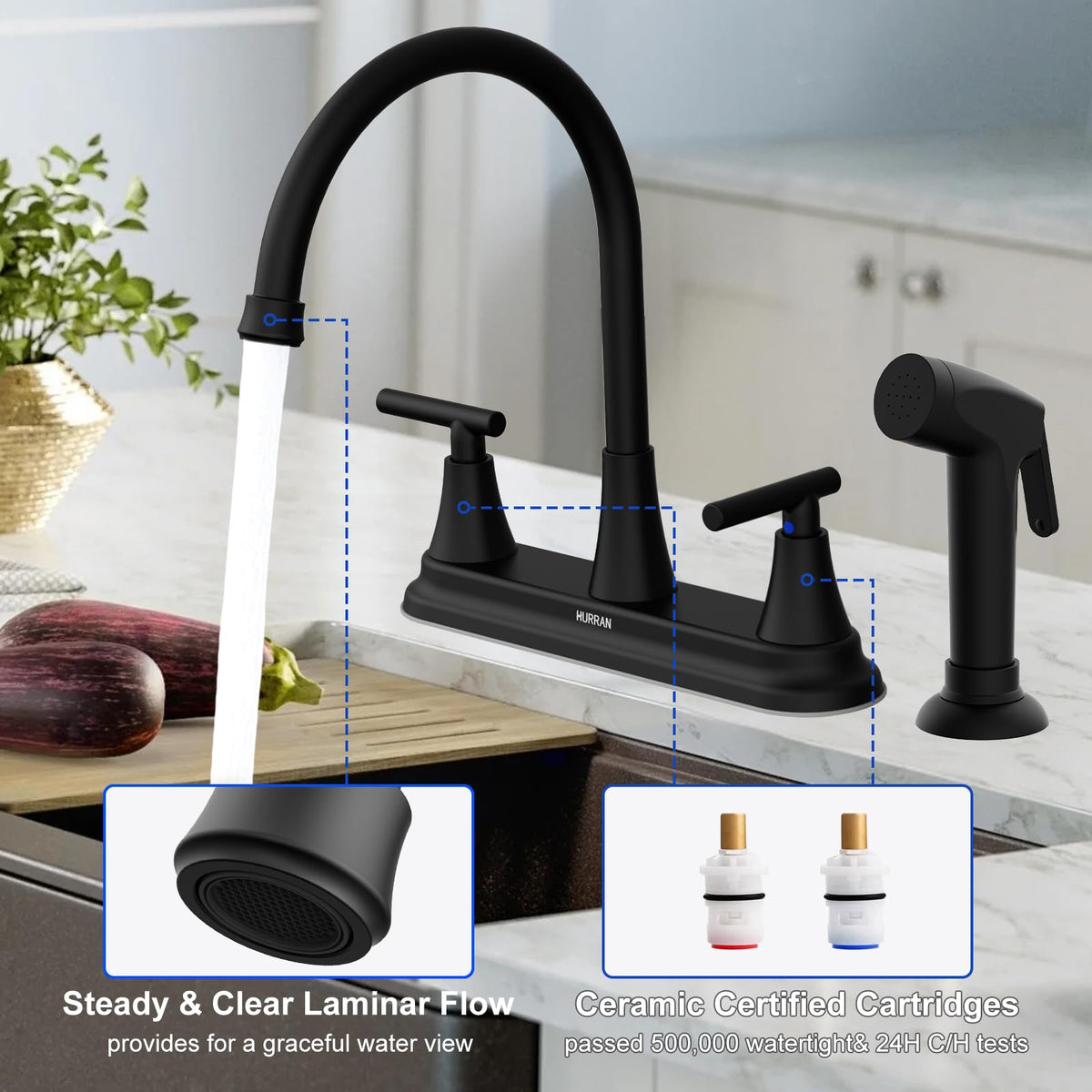 HURRAN pull-out sprayer reaches about 35 inches for easy sink cleaning