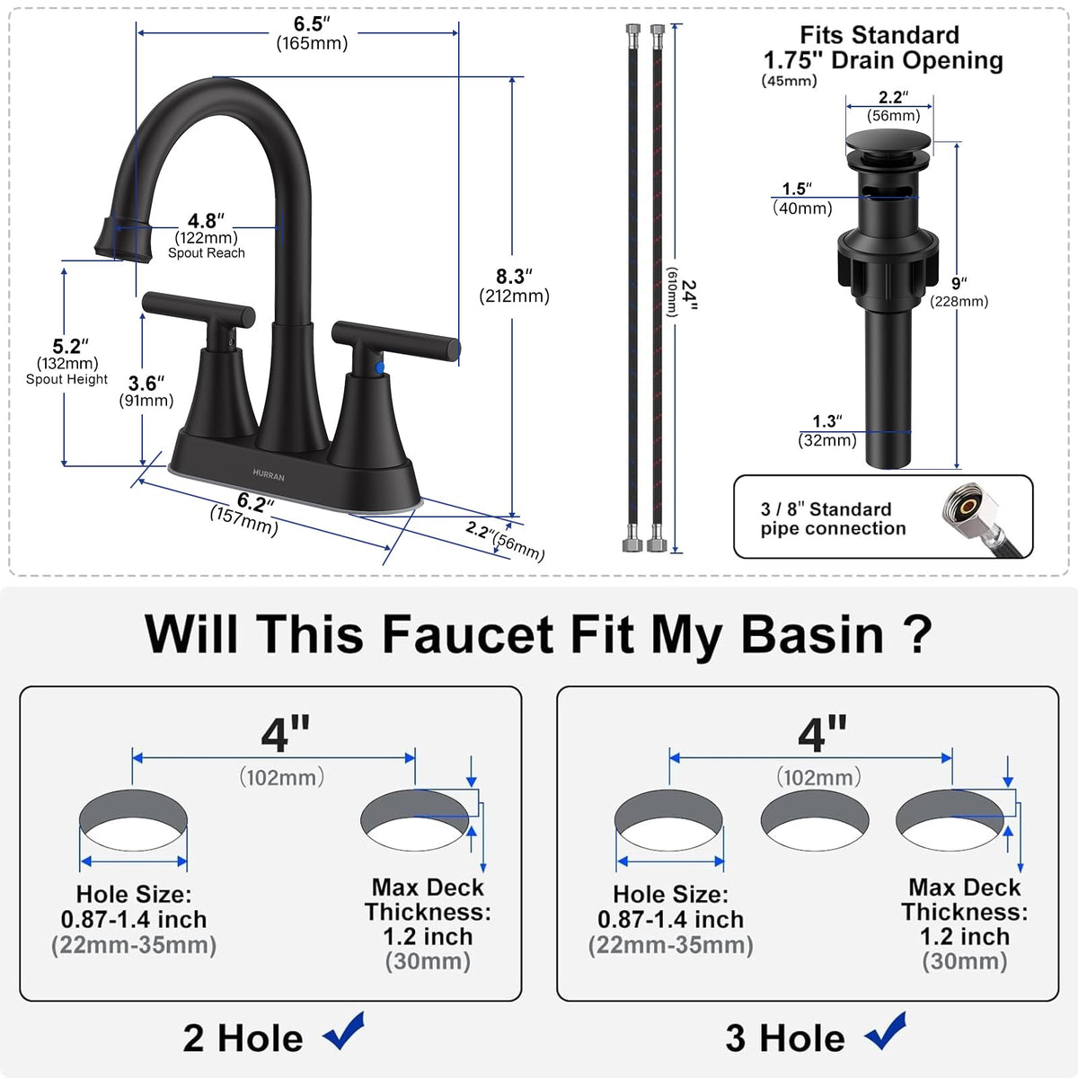 Hurran stainless steel lead-free construction for a safe, durable faucet.