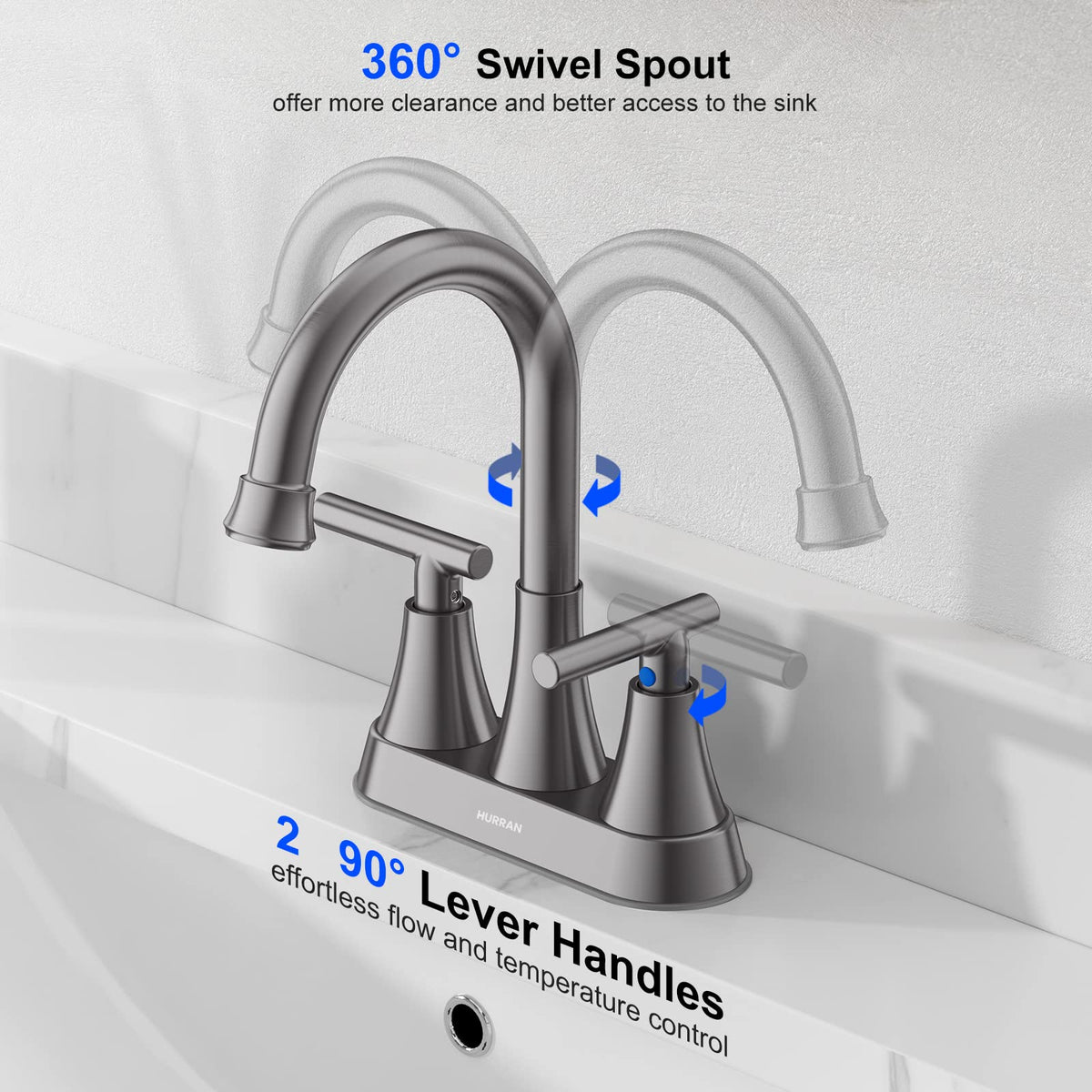 Hurran stainless steel two-handle faucet with ceramic cartridges for reliable control.