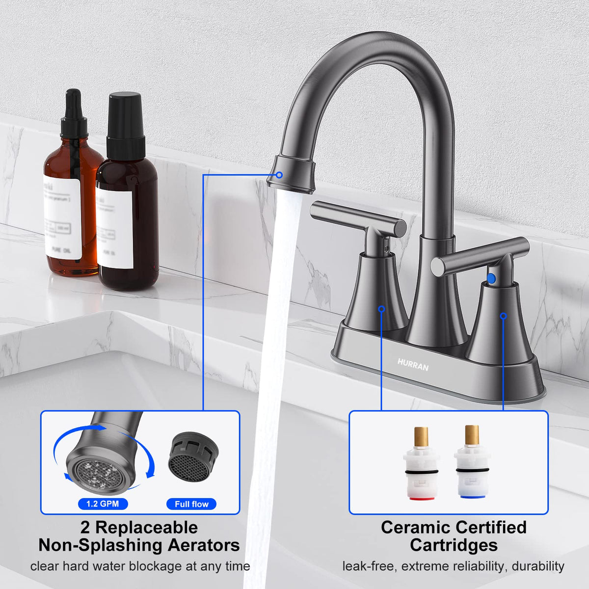 Hurran faucet with 360-degree swivel spout and 5.2-inch height for added reach.