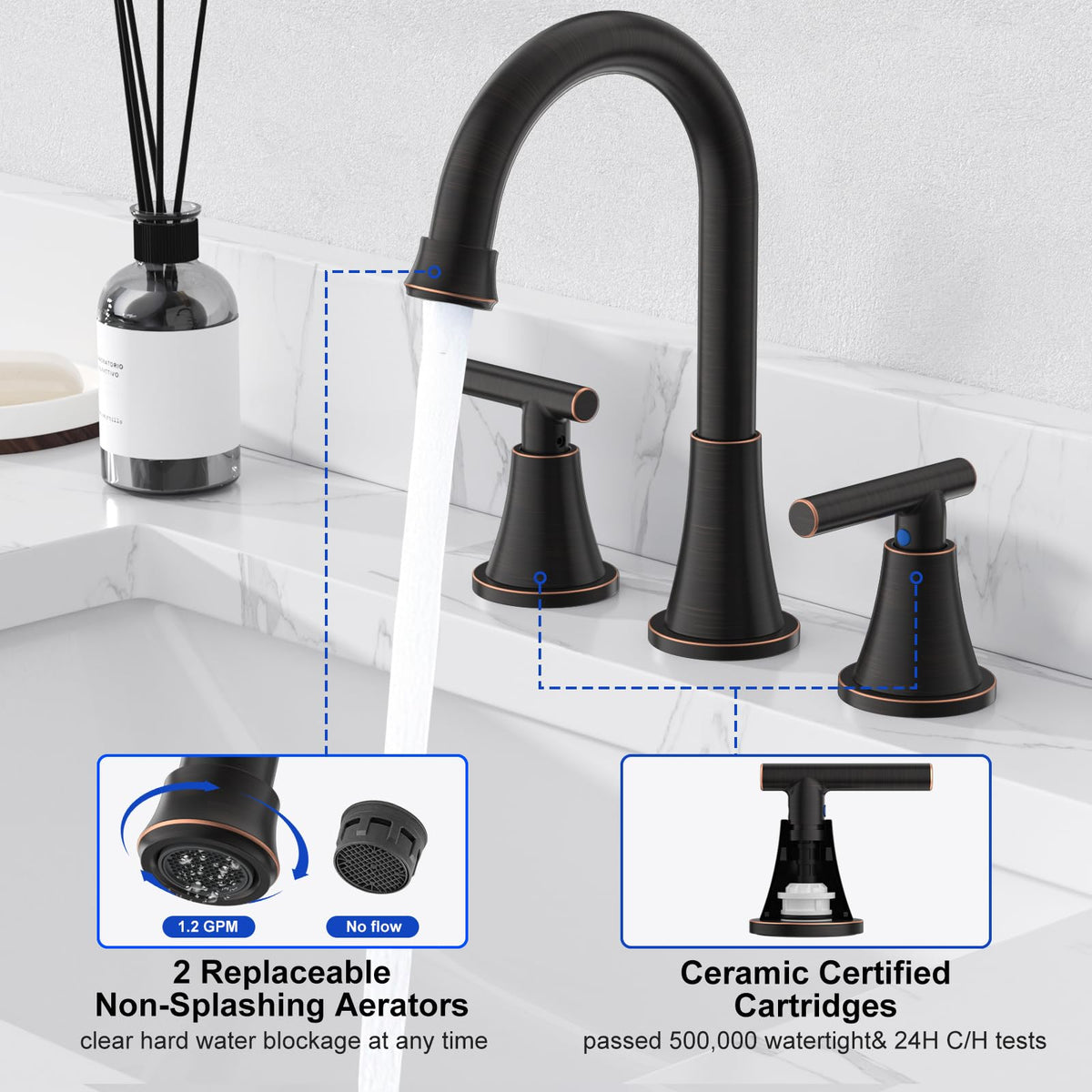 Hurran wide-spread faucet with 27-inch supply lines for easy installation