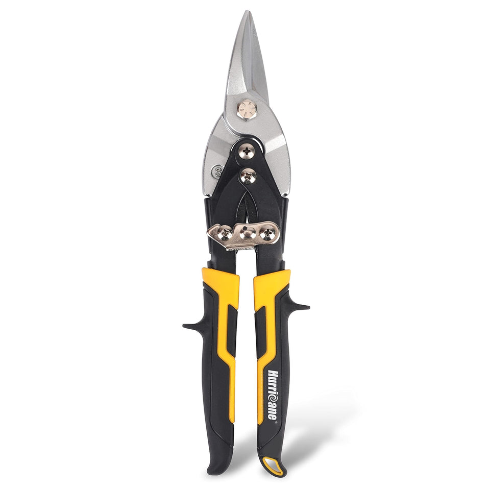 HURRICANE 10-Inch Tin Snips performing a straight cut on metal sheet for precision.