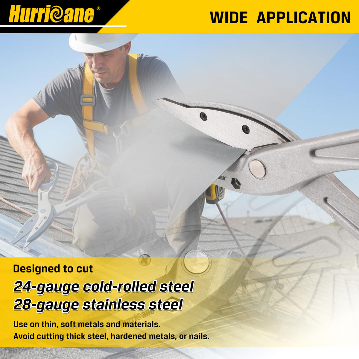 Hurricane 12-inch tin snips cutting vinyl siding for clean, straight results.