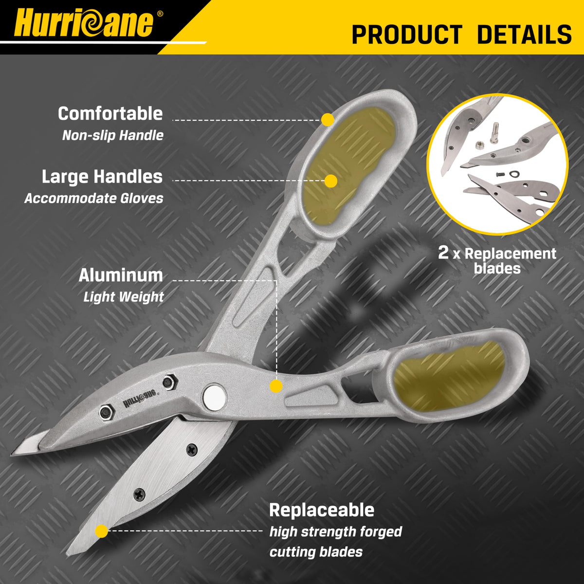 Hurricane tin snips with replaceable blades for easy at-home maintenance.