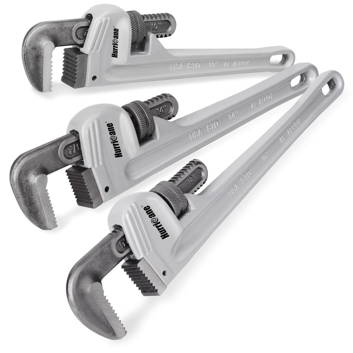 Hurricane 3-piece aluminum pipe wrench set in use for easy home plumbing repairs.