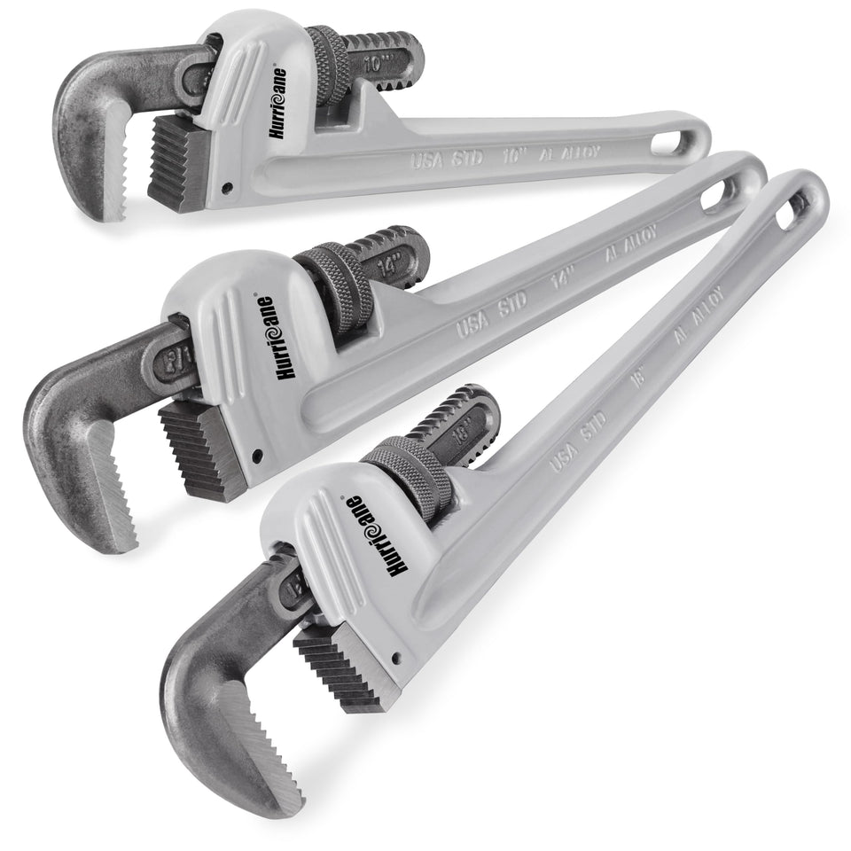 Hurricane 3-piece aluminum pipe wrench set in use for easy home plumbing repairs.