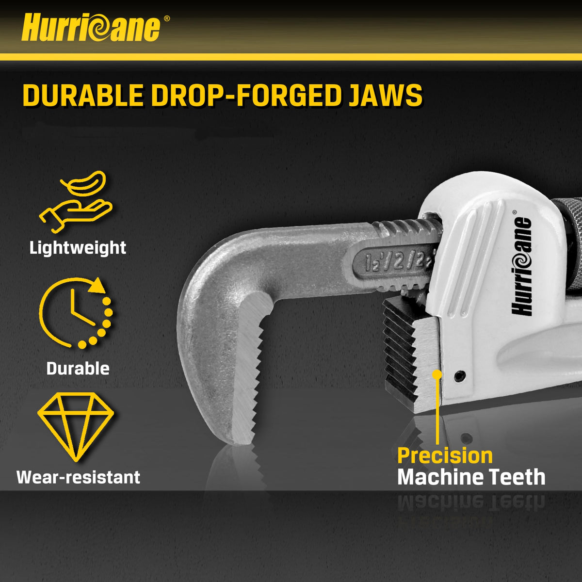Hurricane 14-inch wrench engaged on a pipe for versatile household tasks.