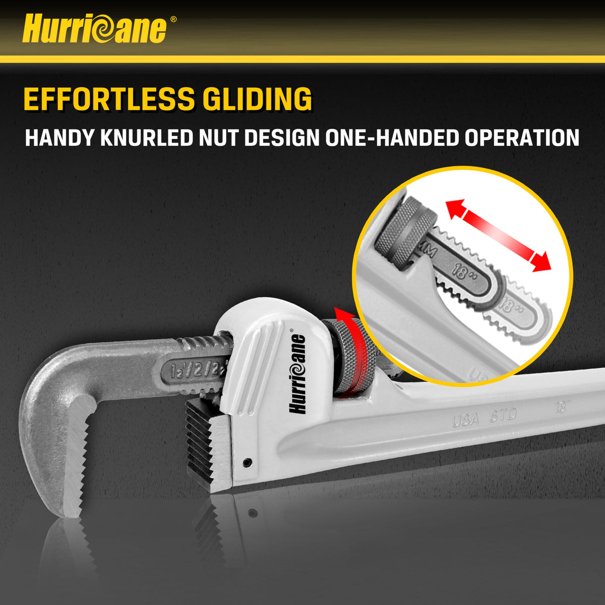 Hurricane 18-inch wrench showing firm grip on larger pipes.
