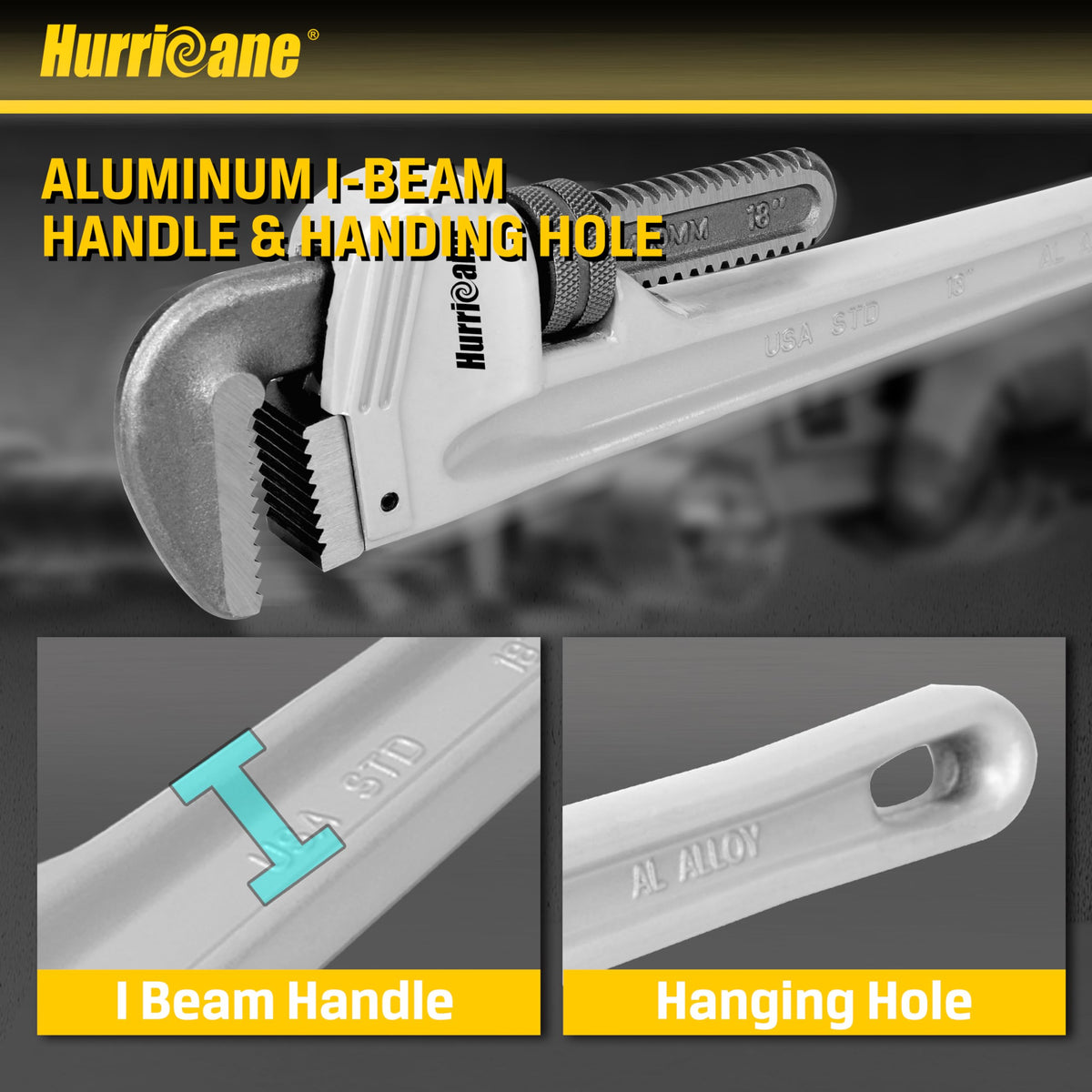 Hurricane wrench jaw close-up reveals knurled adjustment and precision fit.