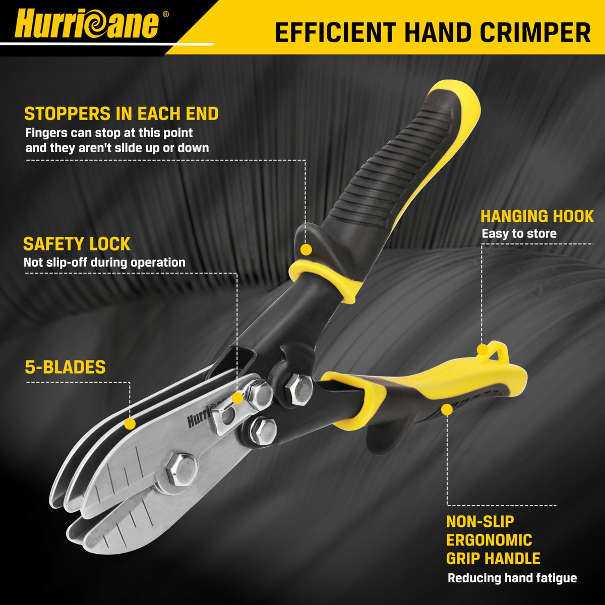 Hurricane Tyregrip handle provides ergonomic comfort during long crimping tasks.