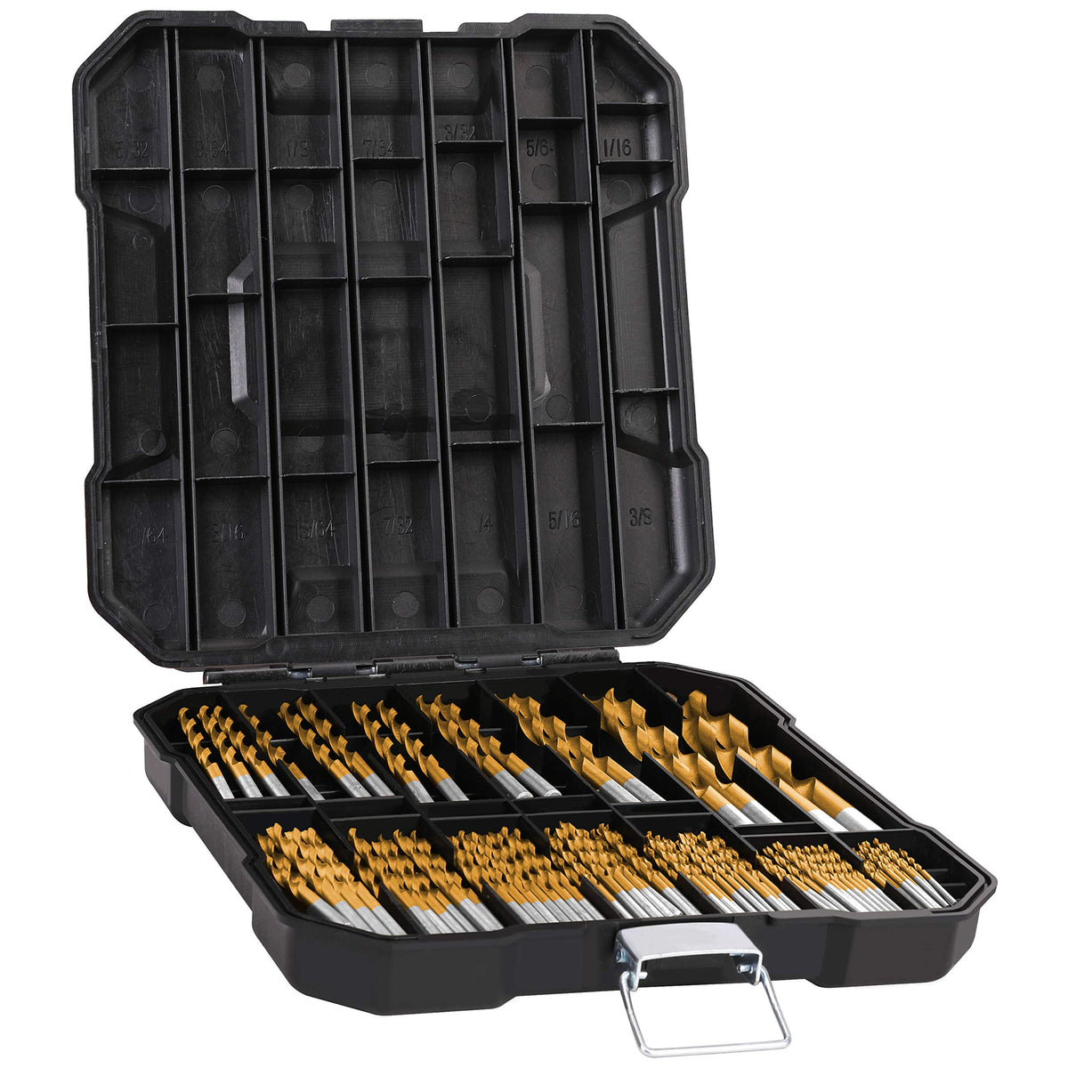 Hurricane 99-piece titanium twist drill bit set with 135° point in box for quick access.