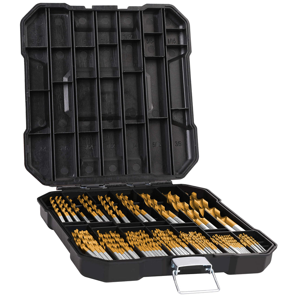 Hurricane 99-piece titanium twist drill bit set with 135° point in box for quick access.