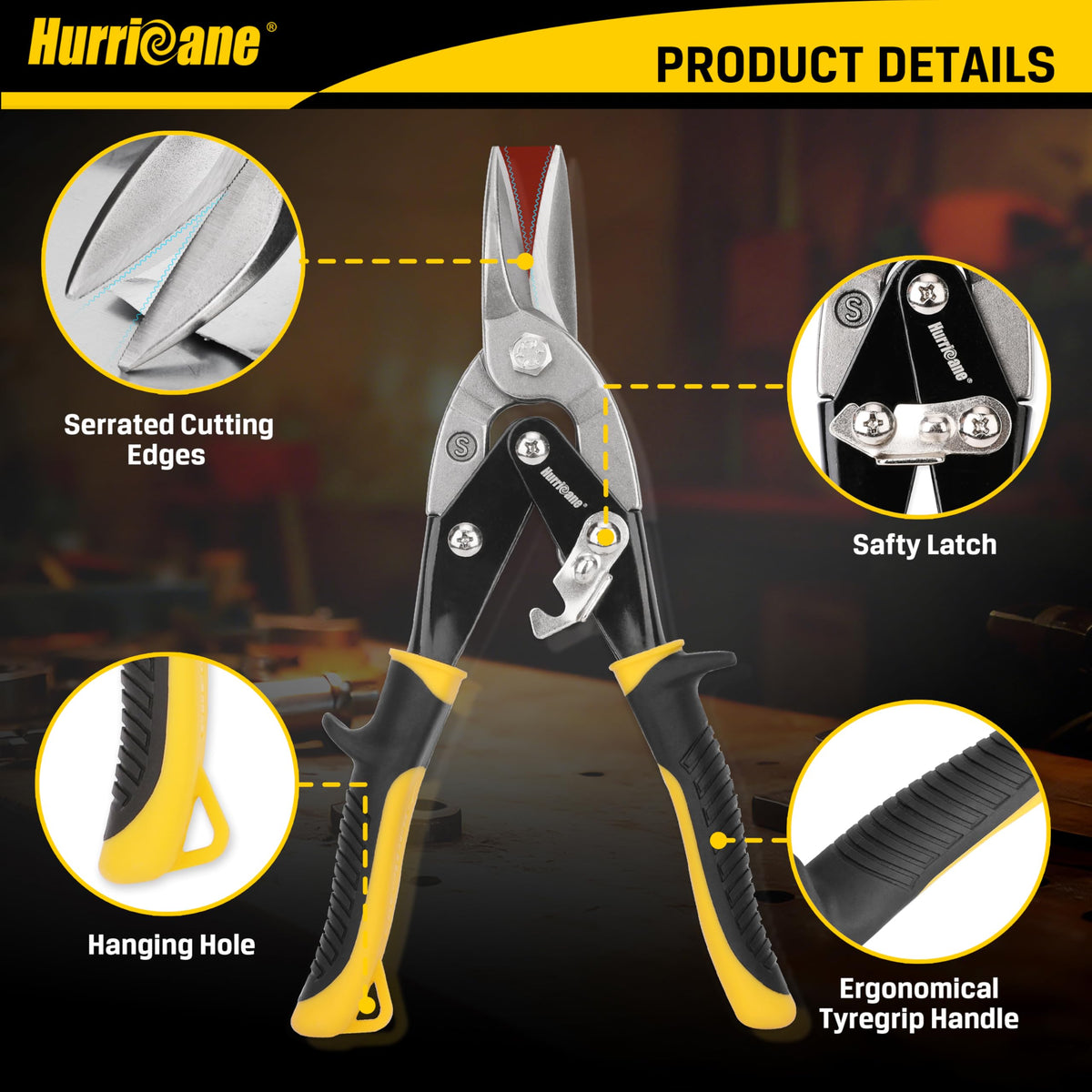 Close-up of HURRICANE tin snips chrome vanadium blades durability