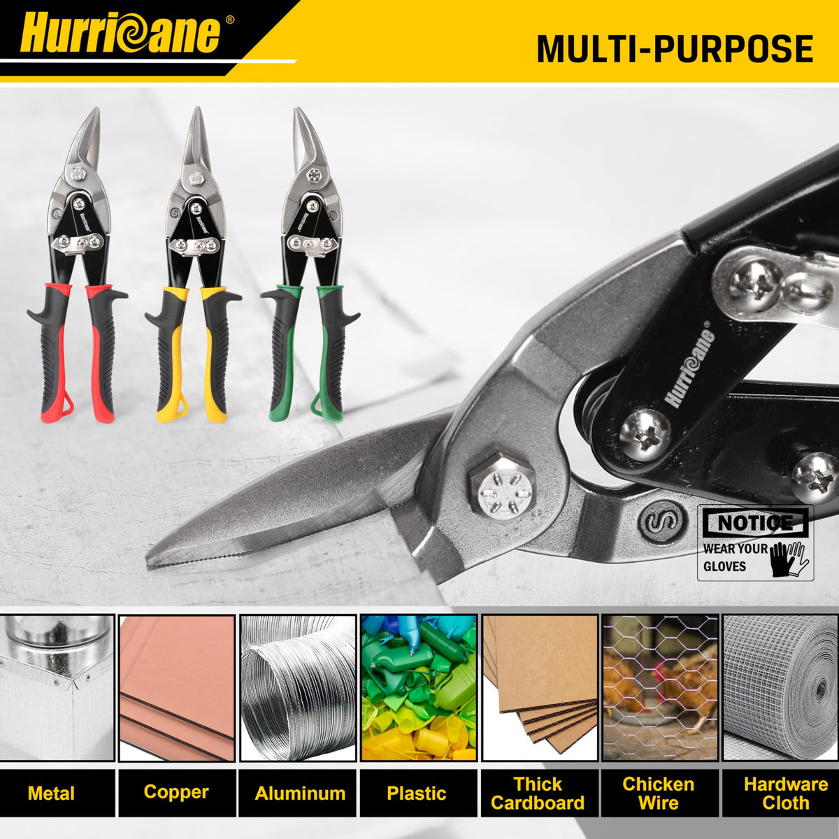 HURRICANE tin snips demonstrate 20-gauge cutting capacity.