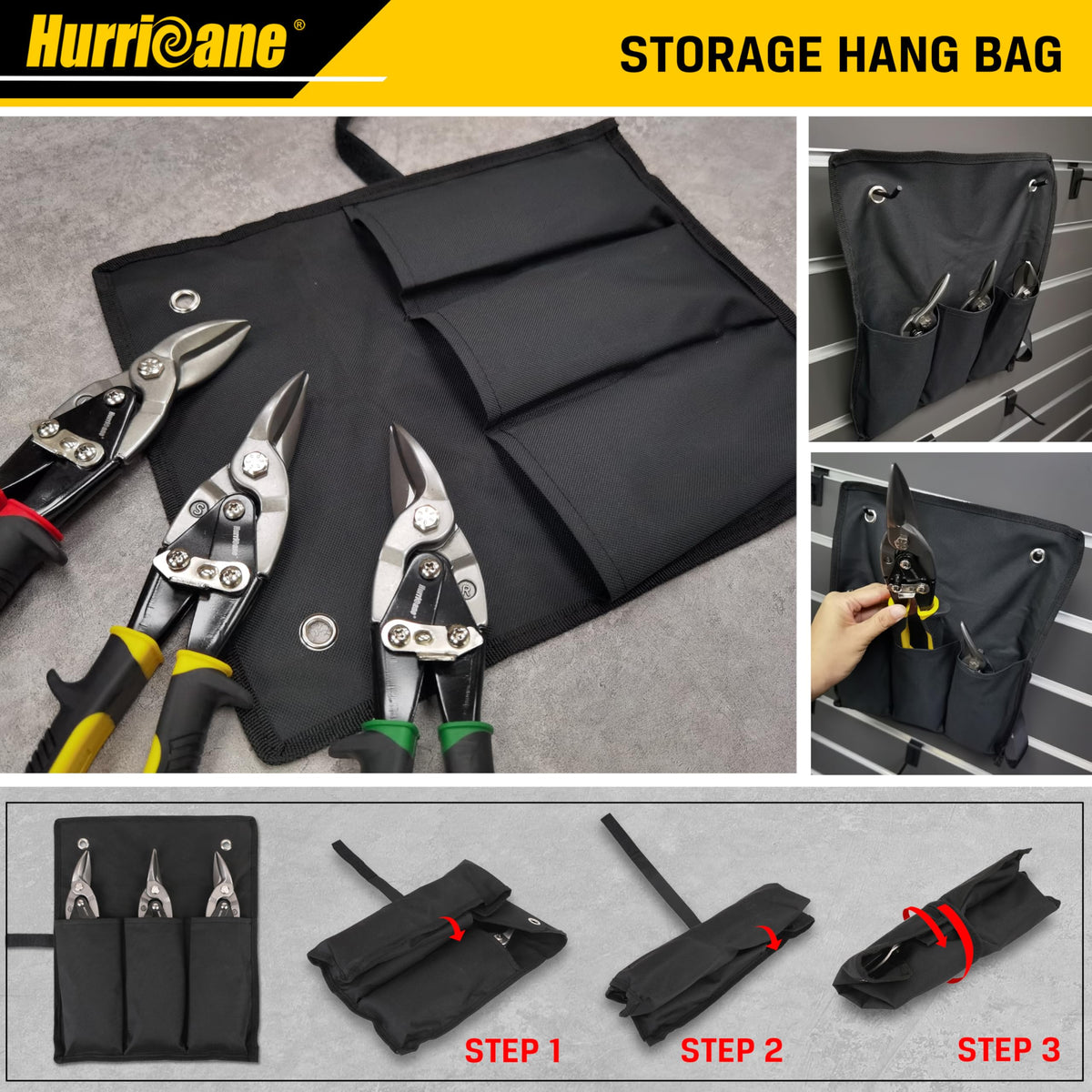 HURRICANE tin snips with hanging storage bag for portability.