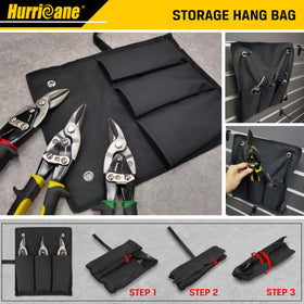 HURRICANE tin snips with hanging storage bag for portability.