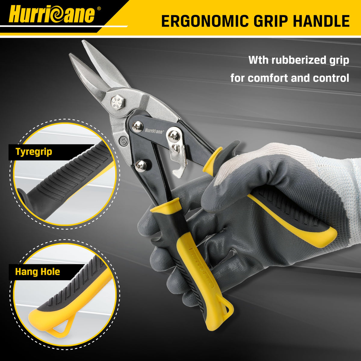 Rust-resistant Cr-V blades on HURRICANE snips for durability.