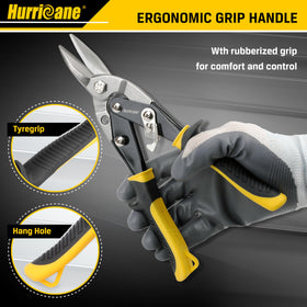 Rust-resistant Cr-V blades on HURRICANE snips for durability.