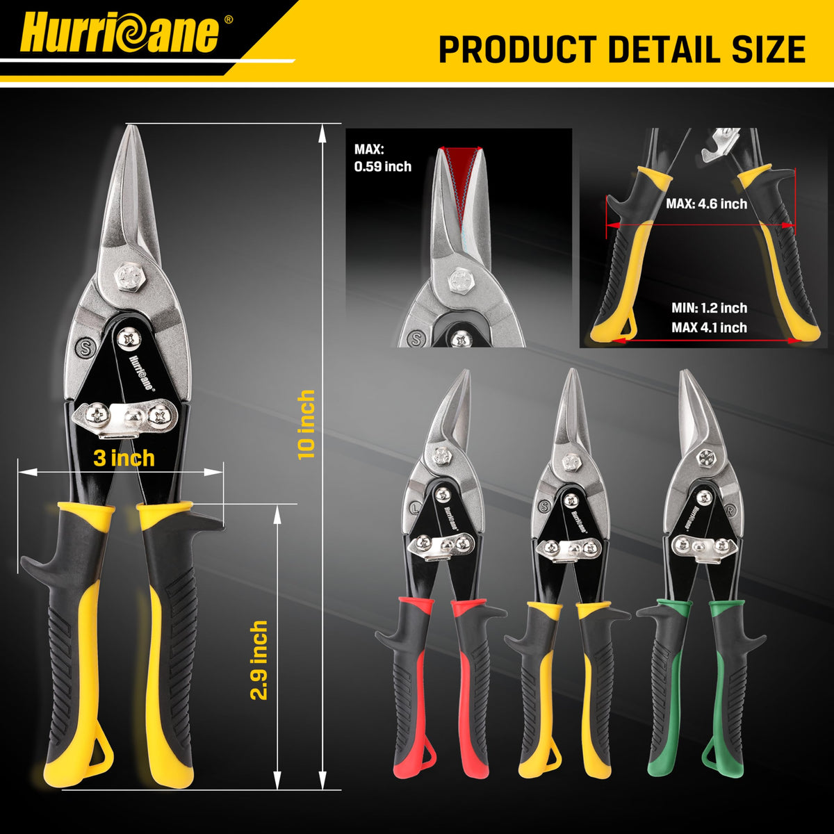 HURRICANE tin snips green right-cut curves for efficient shaping.
