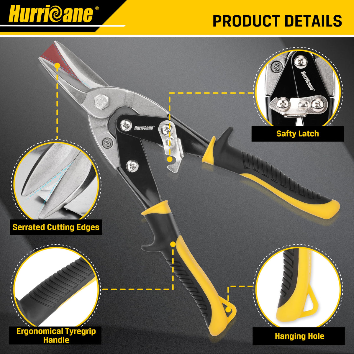 HURRICANE tin snips red left-cut for smooth curves and tight radii.