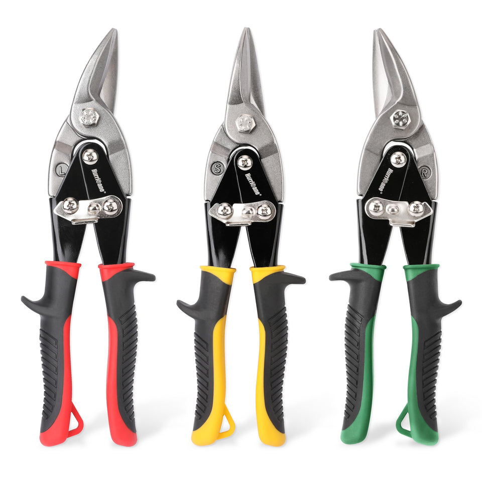 HURRICANE tin snips yellow straight-cut for precise straight lines.