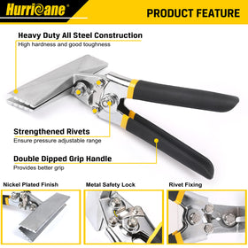 Hurricane hand seamer jaw close-up highlights robust jaws for accurate bends.