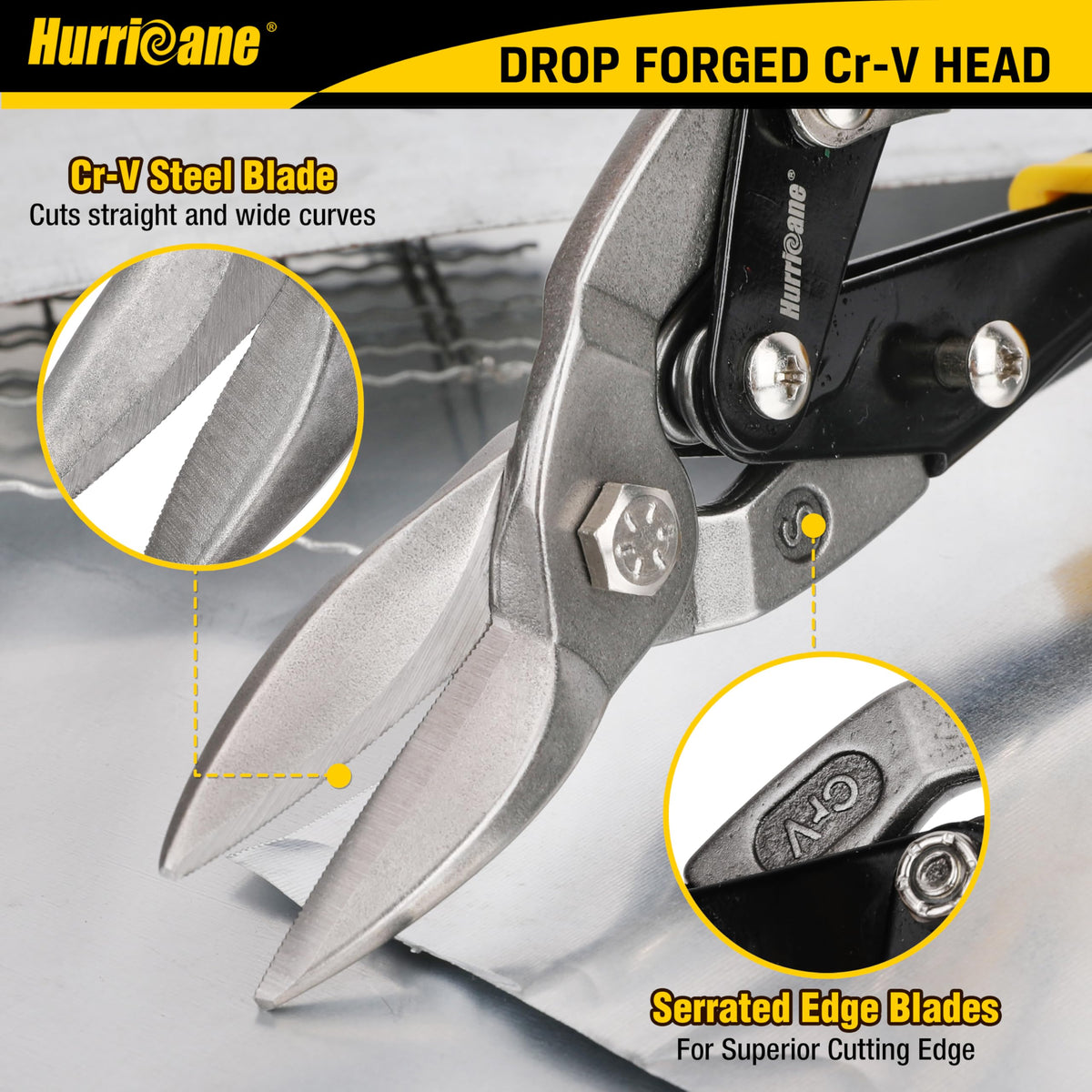 HURRICANE tin snips in use cutting sheet metal during a DIY project