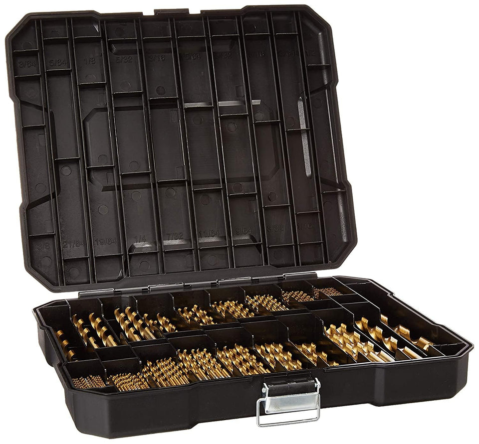 Hurricane titanium twist drill bit set with 135° tip drilling wood for clean, precise holes.