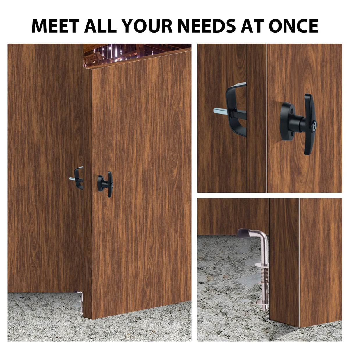 Hurrikom spring-loaded latch showing auto-adjust tension for tight doors