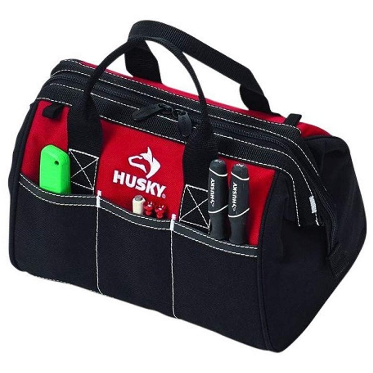 Husky 12inch tool bag with three external pockets keeps fasteners within reach