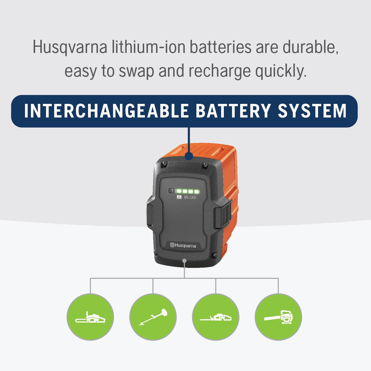 Husqvarna BLi30 battery durability and up to 600 recharges.