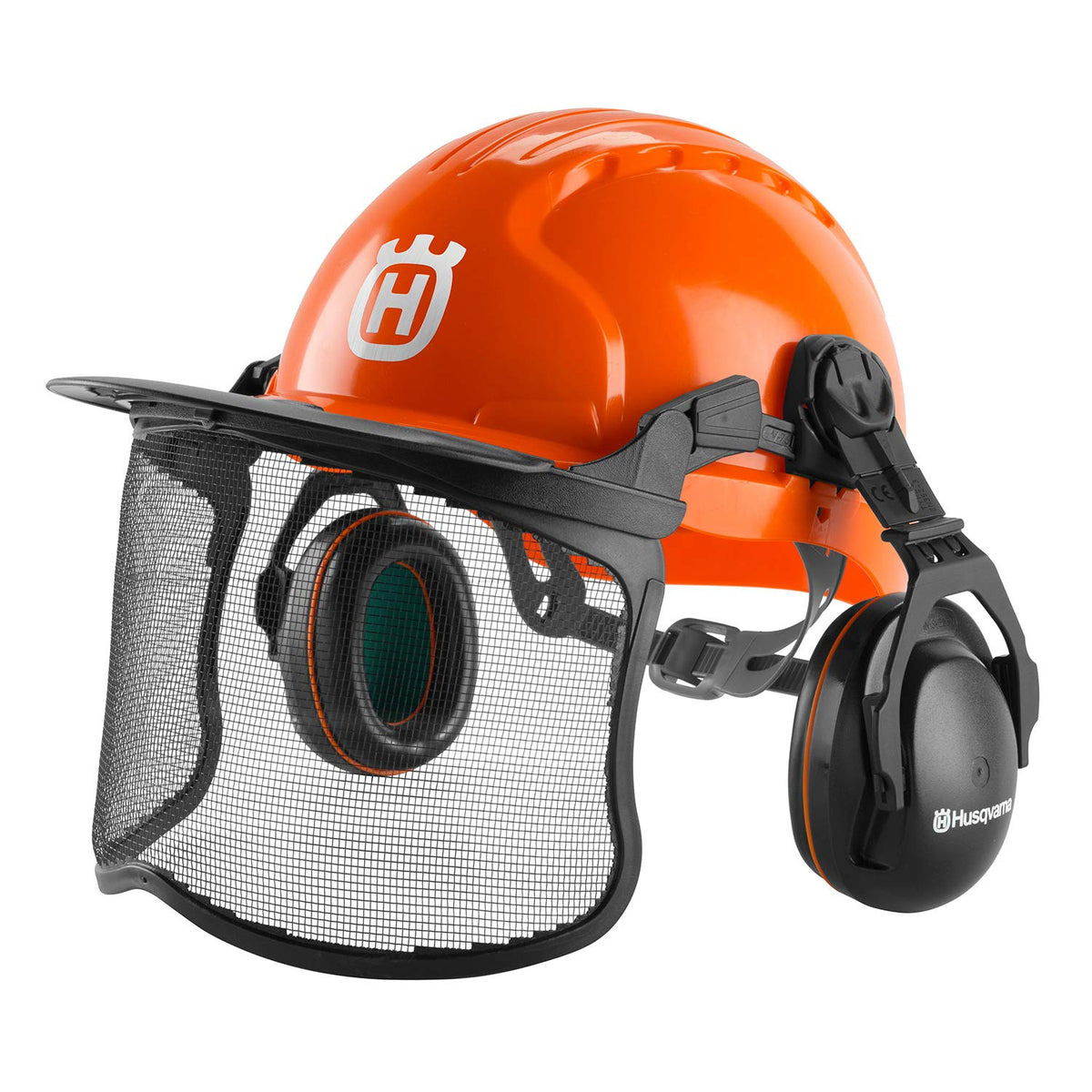 Husqvarna chainsaw helmet face shield provides clear eye protection during heavy pruning.