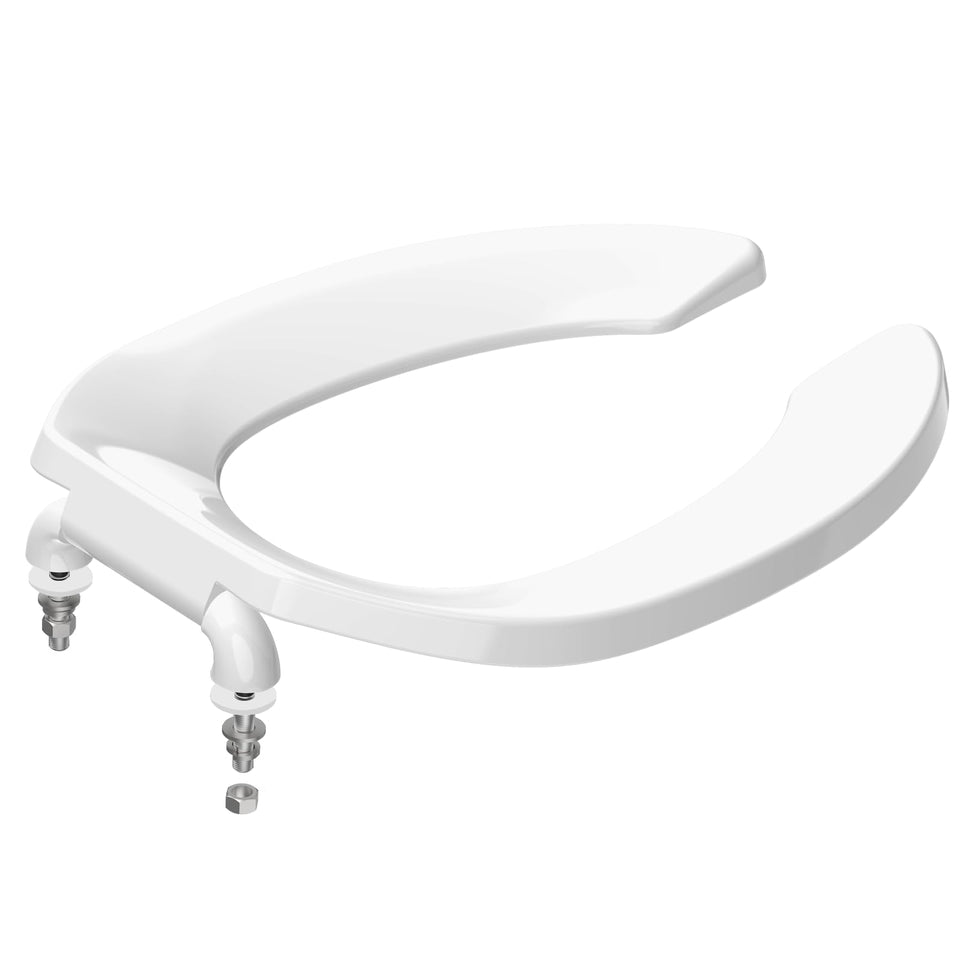 Huttdmel front-open toilet seat in white, ideal for public restrooms.