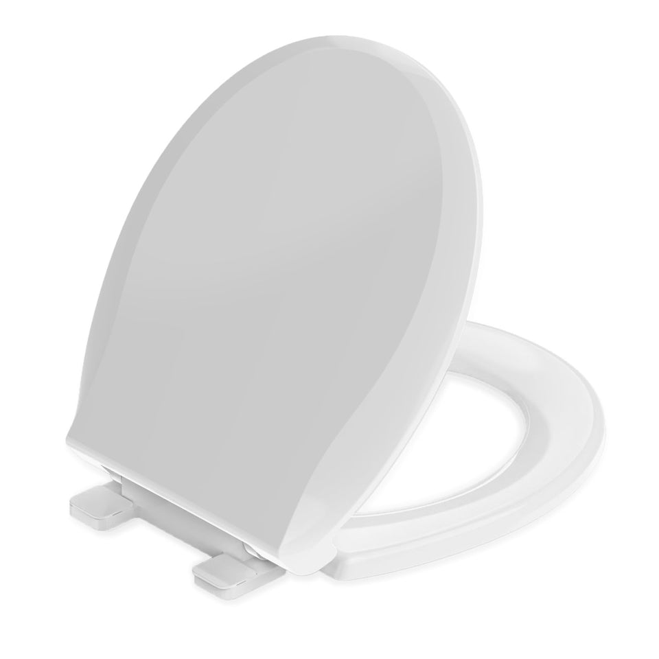 Huttdmel round toilet seat with soft-close for quiet bathroom updates.