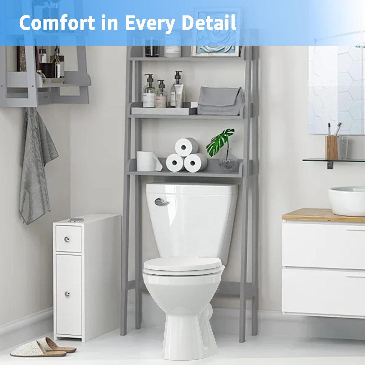 Huttdmel white plastic finish blends with bathroom decor.