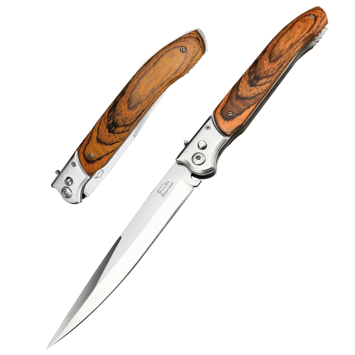 HUAAO 12-inch push-button lock pocket knife enables easy one-handed opening.