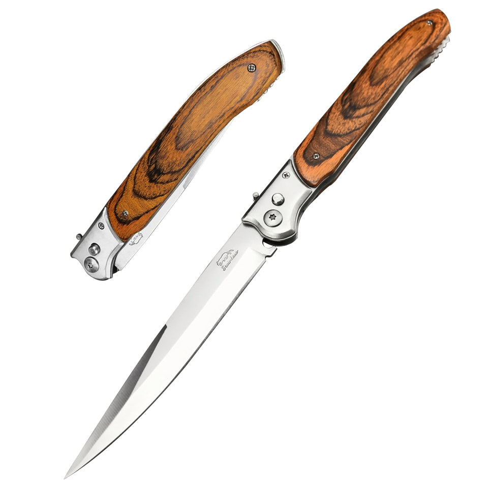 HUAAO 12-inch push-button lock pocket knife enables easy one-handed opening.