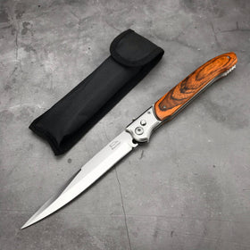 HUAAO pakkawood handle close-up emphasizes premium grip and texture.