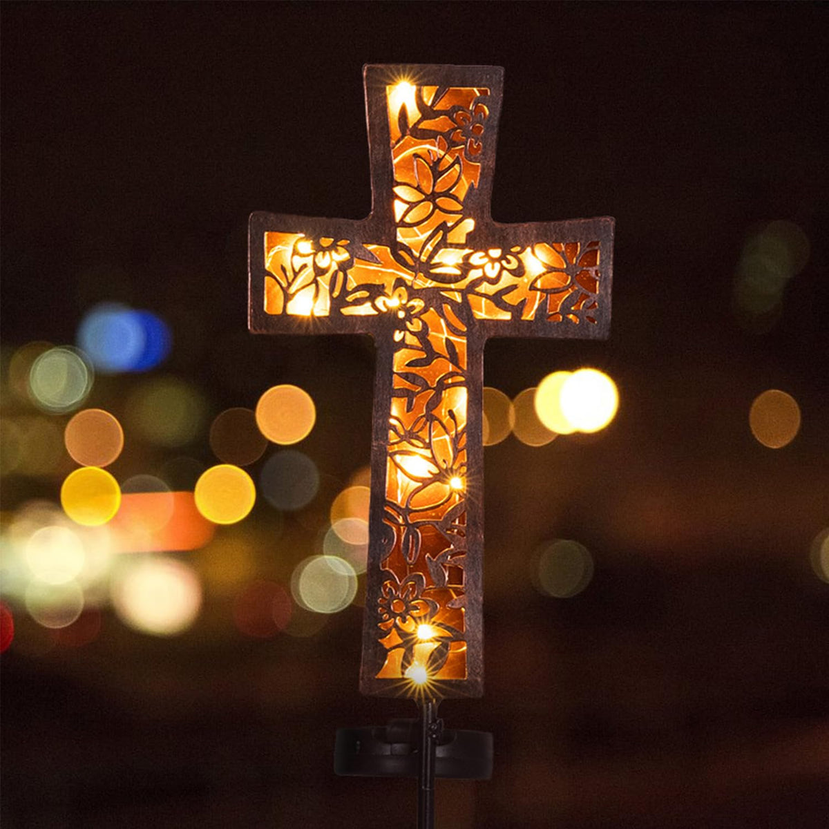 HUYIENO Solar Cross Stake 38inch cross-head for serene grave markers and garden decor.